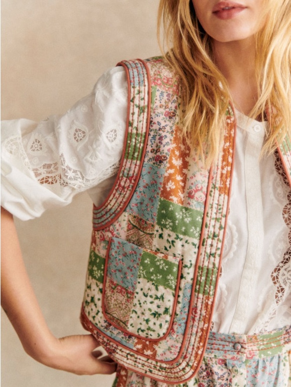 SEZANE NWT Orange Cream Green Boho Patchwork Floral Quilted Tadeo Vest Jacket